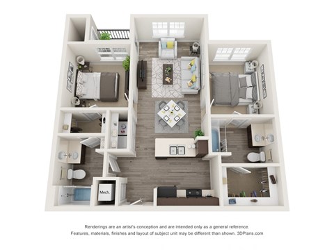 Floor plan for 2 beds, 2 baths, 902 sqft